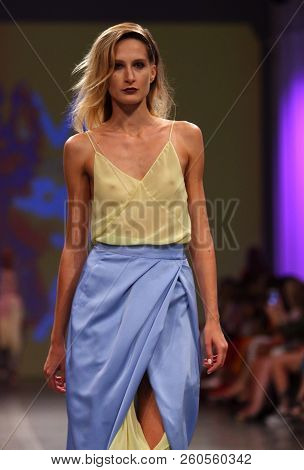 Kyiv, Ukraine - September 3, 2018: Model Presents A Creation By Designer T.mosca During Ukrainian Fa