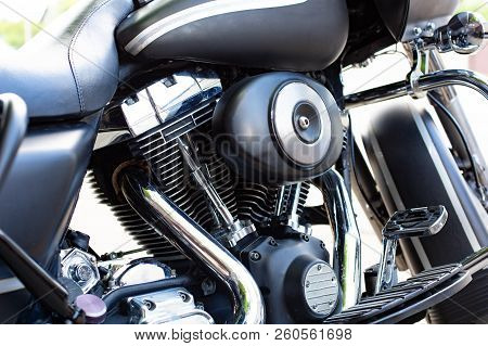 Engine Close Up Shot Of Beautiful And Custom Made Motorcycle