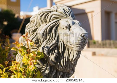 Stone Lion Statue. Marble Sculpture Of A Lion On Pedestal