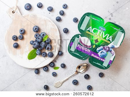 London, Uk - September 26, 2018: Activia Yogurt With Blueberries By Danone With Berries