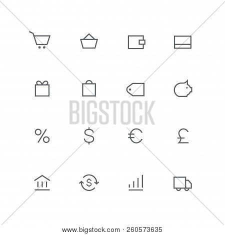 Main Outline Icon Set - Shopping Cart, Basket, Wallet, Credit Card, Gift, Bag, Price, Coin Box, Perc