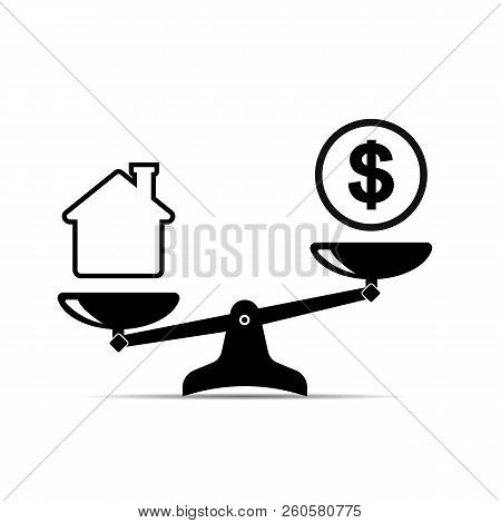 Balance Money And House. Icon Of Scales On Where The House Prevails