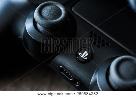 Khakiv, Ukraine - 02 May 2018: Close-up of black video games PlayStation gaming controller