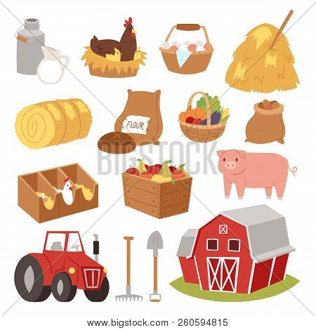 Farm Vector Tools And Symbols House, Traktor Cartoon Farming Village Symbols Animal And Vegetables A