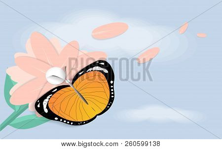 Butterfly On Pink Flora With Blue Color Less Clouds Background, Nature Background Concept, Vector Ar