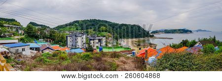 Geoje Island, South Korea - Sep 8, 2018 : Panorama Of Korean Village Locate On The Hill Near The Bea