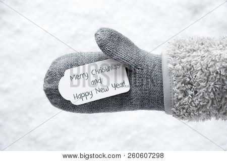 Wool Glove, Label, Snow, Merry Christmas And Happy New Year