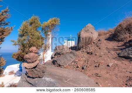 Chapel On Skaros Rock In Santorini In Greece
