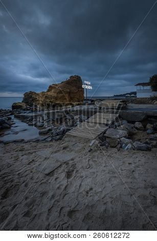 Odessa, Ukraine - 09.09.2018. Otrada Beach In Odessa, Ukraine, In A Gloomy Summer Morning. Dark Clou