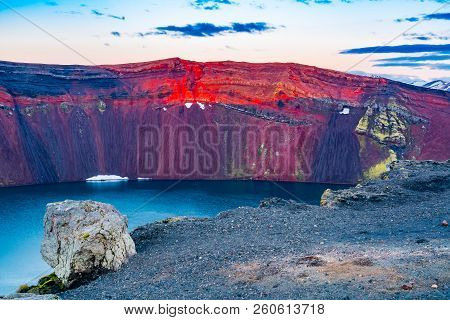 View Of The Beautiful Edge Of The Crater At Ljotipollur Lake In South Highlands Of Iceland