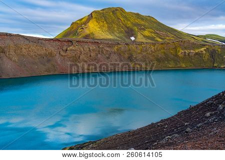 View Of The Blahylur Crater Lake At Landmannalaugar In Fjallabak Nature Reserve, Iceland
