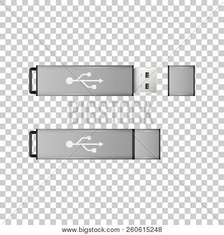 Realistic Silver Usb Flash Drive Isolated Object On Transparent Background. Vector Illustration