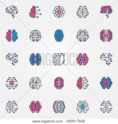 Digital Brain Colored Icons Set - Vector Ai Smart Brain Creative Signs Or Logo Elements. Artificial 
