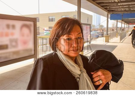Portrait Old Asian Women In Yiwu Bus Terminal When She Arrive To Yiwu City China