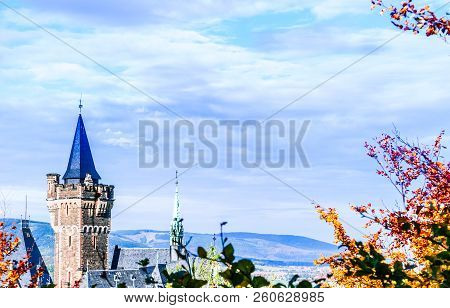 View On Autumn Landscape With Castle Of Wernigerode In Germany