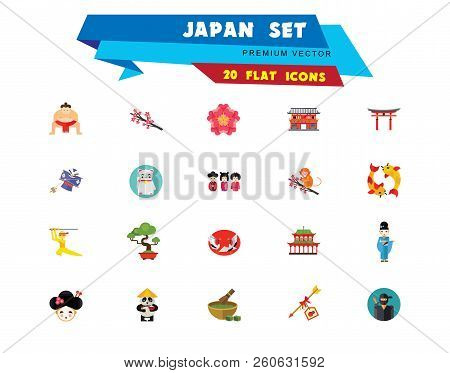 Japan Icon Set. Japanese Kite Japanese Cranes Torii Gate Bonsai Tree Koi Fish Japanese Ninja Sumo Wr