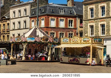 Cherbourg, France - 2018.
People Rest In The Square Of The Italian Theater In The City Of Cherbourg-