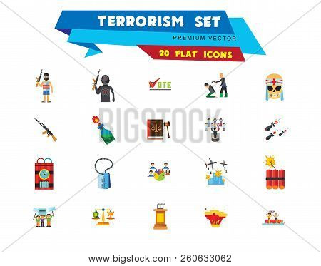 Terrorism Icon Set. Kamikaze Fire Cocktail Dynamite Army Tags Hostage Bomb With Timer Machine Gun Mi