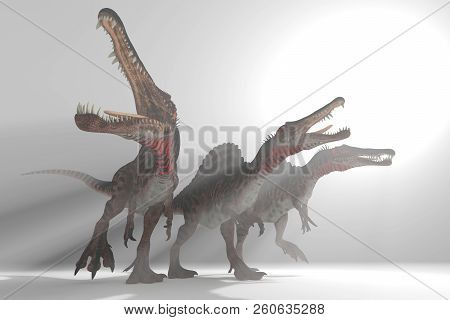Group Of Spinosaurus In The Mist 3d Illustration