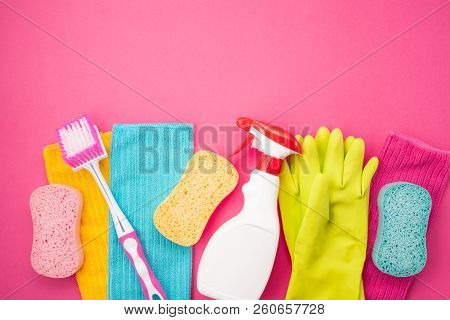 Detergents And Cleaning Accessories In Pastel Color. Cleaning Service, Small Business Idea, Spring C