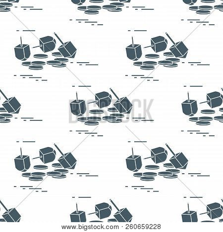 Seamless Pattern With Dreidel, Sevivon, Coins. Jewish Holiday Hanukkah. Child Game.