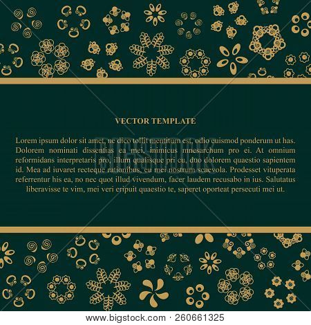 Green Template, Bacground With Gold Flowers. Vector Illustration.