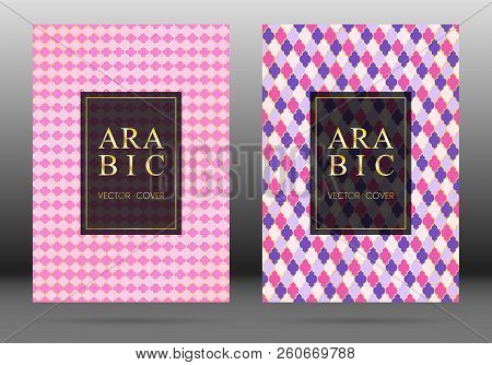 Ottoman Pattern Vector Cover Page Layout Design Set In Arabic Style Mosaic In Gold Grid. Islamic Bac