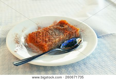 Plate With Traditional Semolina Halvah - Famous Greek And Turkish Delicious Dessert