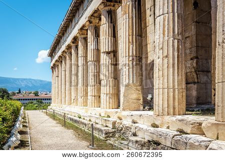 Temple Of Hephaestus, Athens, Greece. It Is One Of The Main Tourist Attractions Of Athens. Famous An