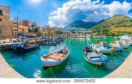 Sicilian Port Of Castellammare Del Golfo, Amazing Coastal Village Of Sicily Island, Province Of Trap