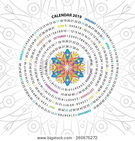 Archimedean Spiral Calendar For 2019 Year. With Round Mandala Floral Pattern. Vintage Style Template