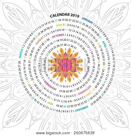 Archimedean Spiral Calendar For 2019 Year. With Round Mandala Floral Pattern. Vintage Style Template