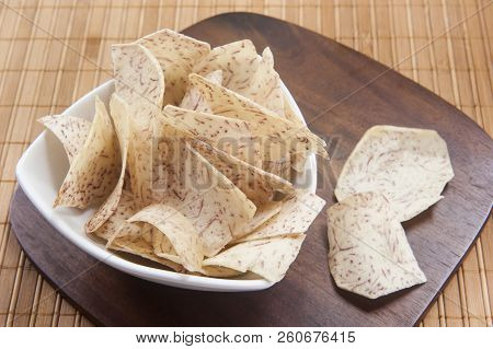 Healthy Vegetarian Snack Of A Dish Of Malanga Chips