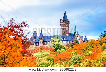 View On Autumn Landscape With Castle Of Wernigerode In Germany