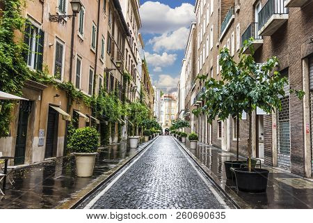 Beautiful Narrow Italian Street With Planters, Rome