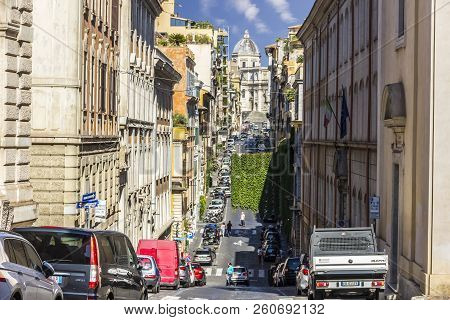 Rome/italy - August 26, 2018: Busy Italian Street With Hills And View On Basilica