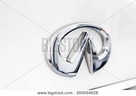 Sankt-petersburg, Russia, September 22, 2018: Infiniti Metallic Logo Closeup On The Infiniti Car Dis