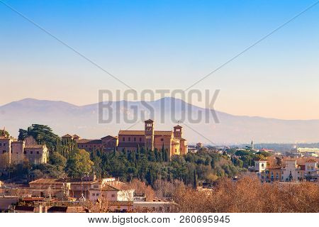Cityscape Of The Rome Italy In The Sunny Day. View From The Gianicolo Janiculum Hill.