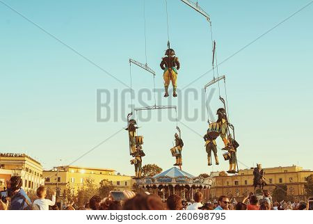 Tirana, Albania - September 2018: Aerial Gymnasts During Drums Performance Mobile Homme Over The Cit
