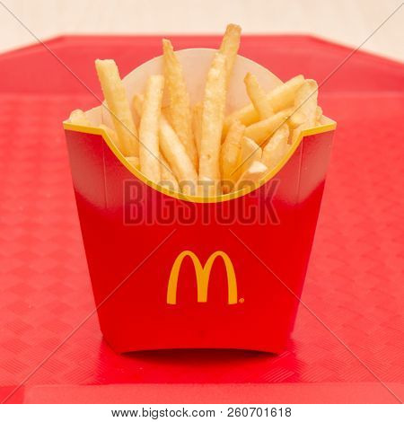 Moscow, Russia, March 15 2018: McDonald's, French Fries at red tray