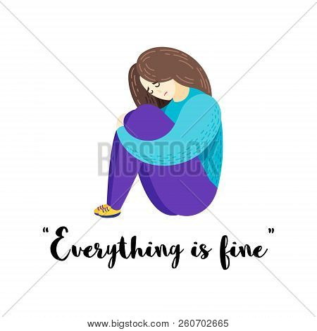 Vector Cartoon Flat Illustration Of Depression. Sad Girl.