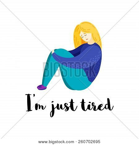Vector Cartoon Flat Illustration Of Depression. Sad Girl.