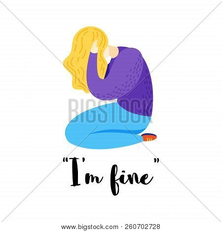 Vector Cartoon Flat Illustration Of Depression. Sad Girl.