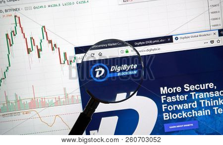 Montreal, Canada - September 8, 2018: Digibyte Altcoin Site Under Magnifying Glass. Blockchain Is A 