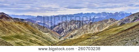 Beautiful Colorful Panoramic Landscape Taken From A Gandala Pass In Himalaya Mountains In Ladakh, In