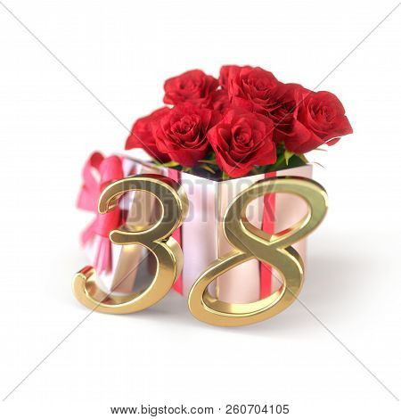 Birthday Concept With Red Roses In Gift Isolated On White Background. Thirty-eighth. 38th. 3d Render