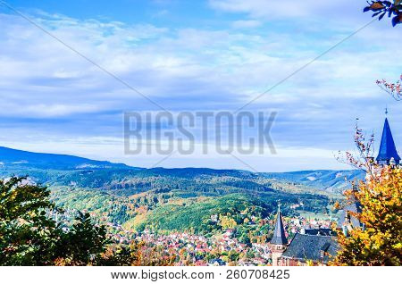 View On Autumn Landscape With Castle Of Wernigerode In Germany