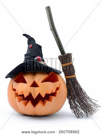 Pumpkin For Halloween Carved In The Shape Of A Smile. Jack Lantern Head Carved  From Pumpkin For Hal