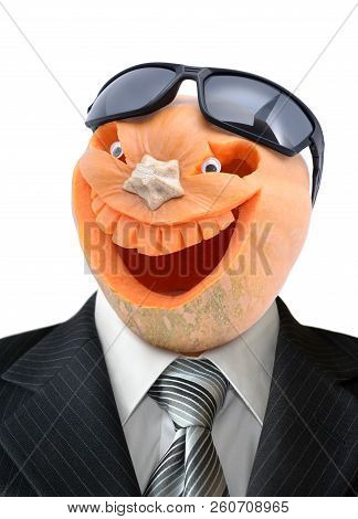 Portrait Of Jack Lantern  From Pumpkin In Black Business Suit. Pumpkin For Halloween Carved In The S
