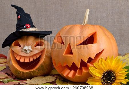 Pumpkin For Halloween Carved In The Shape Of A Smile. Jack Lantern Head Carved From Pumpkin For Hall